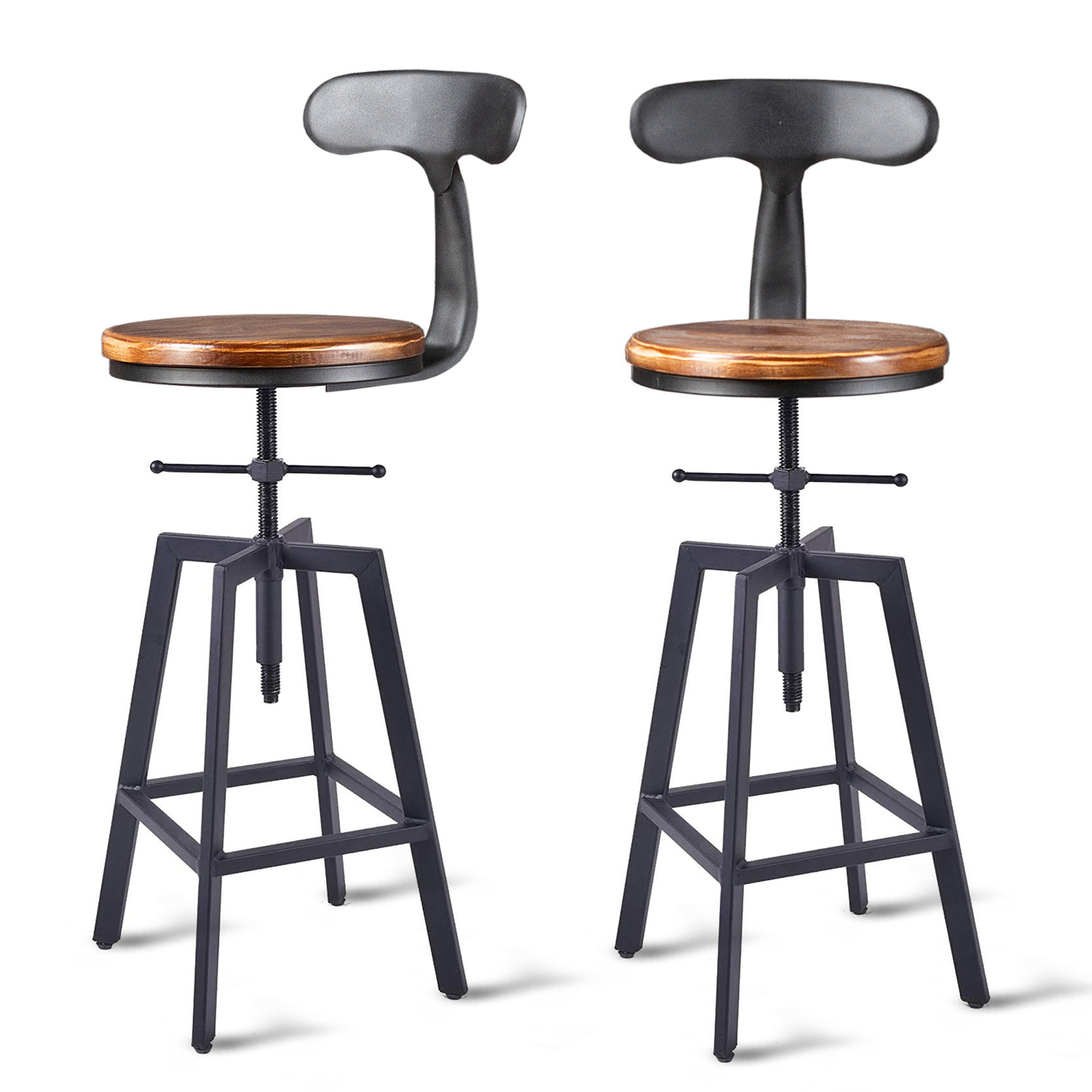 17 Stories Set Of 2 Industrial Bar Stool Adjustable Swivel Wood Metal Stool With Backrest Black Fully Welded Brown Wooden Top With Iron Backrest